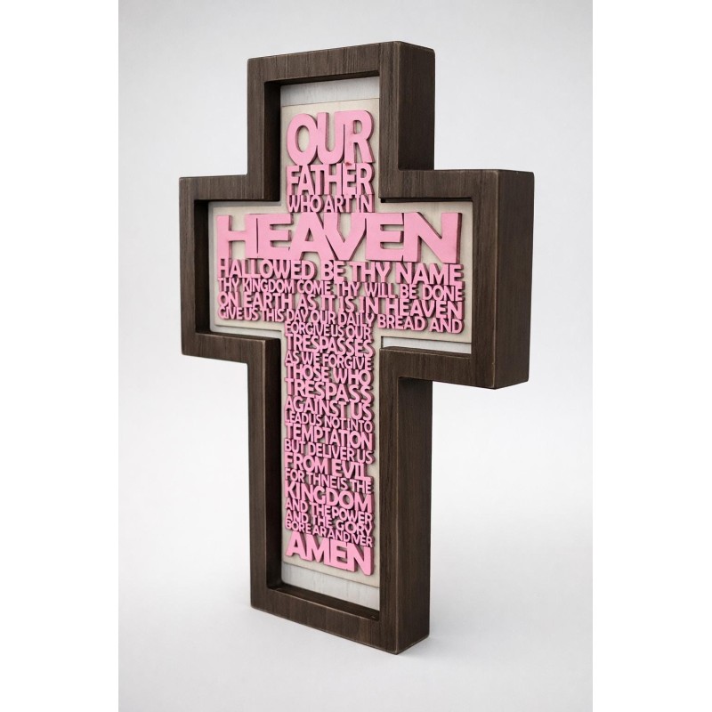 Lord’s Prayer Wooden Wall Cross – Christian Home Blessing, Religious Gift, Faith Wall Art (pink)